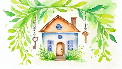 Watercolor drawing of a green house with a key, a symbol of a new home and eco-friendliness, a concept for real estate, interior design and ecology projects