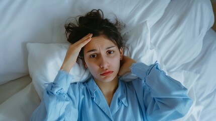 sad woman in blue shirt sitting on bed, touching head and feeling unwell, stressed and tired