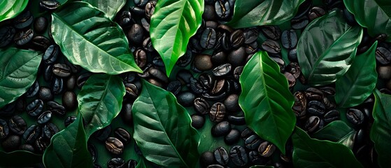 Close up of coffee bean background with leaves, top view. Photorealistic high resolution macro photography for advertising or food design. 