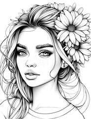 Fototapeta premium A woman with long hair and a flower in her hair. The flower is yellow and the woman has a bright smile