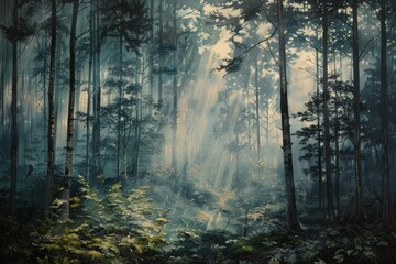Fototapeta premium Sunrays filter through dense forest trees creating a mystical atmosphere in this serene natural landscape, ideal for nature photography.
