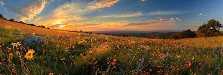 Hill Country Sunrise: Panoramic Texas Landscape with Wildflowers and Sunburst © Vlad