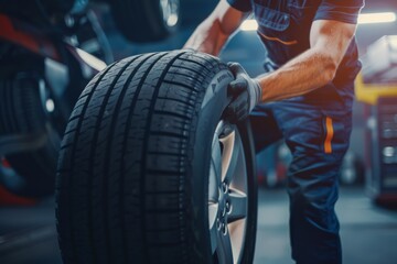 Mechanic replacing car tire in auto repair shop. Automotive maintenance and service concept.