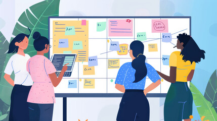 Collaboration scene of an Indian software developer and female team members, whiteboard filled with financial software project notes