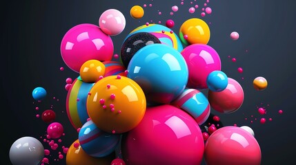 A cluster of colorful, shiny spheres, with some smaller spheres scattered in the background, against a dark blue background.