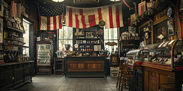 The Spirit of '76: An old-fashioned general store adorned with patriotic bunting and Americana decor.