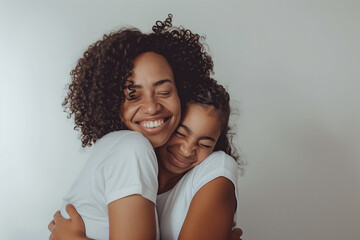 Mother and daughter hugging, both wearing white shirts, smiling with closed eyes against a plain background