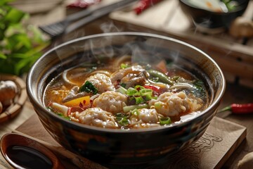 A bowl of soup with a spoon in it