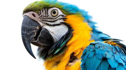 Fototapeta premium A close-up of a blue and yellow macaw's face against a white background.