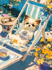 cute dog is lying on the beach chair, wearing Hanfu,sipping tea