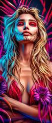 Obraz premium A woman with a skull painted on her face stands in front of a flower. The image has a dark and eerie mood, with the skull and the flower contrasting each other