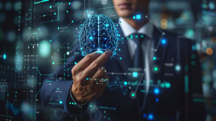 Fototapeta premium a businessman in a suit touching a digital holographic brain representing Artificial Intelligence (AI), surrounded by futuristic data and analytics, AI in business, technology inte