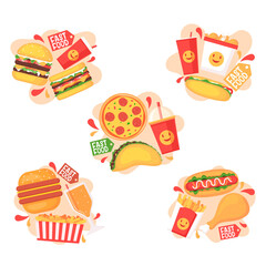 Hand drawn fast food retsaurant mini composition set