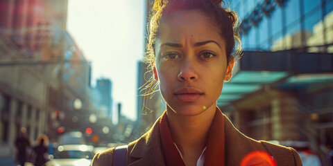 The American Pursuit: A determined businesswoman walking purposefully down a city street.