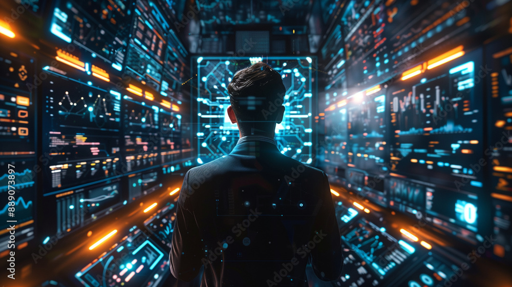 Aufkleber a businessman surrounded by digital screens and holograms displaying ai and iot data, symbolizing di