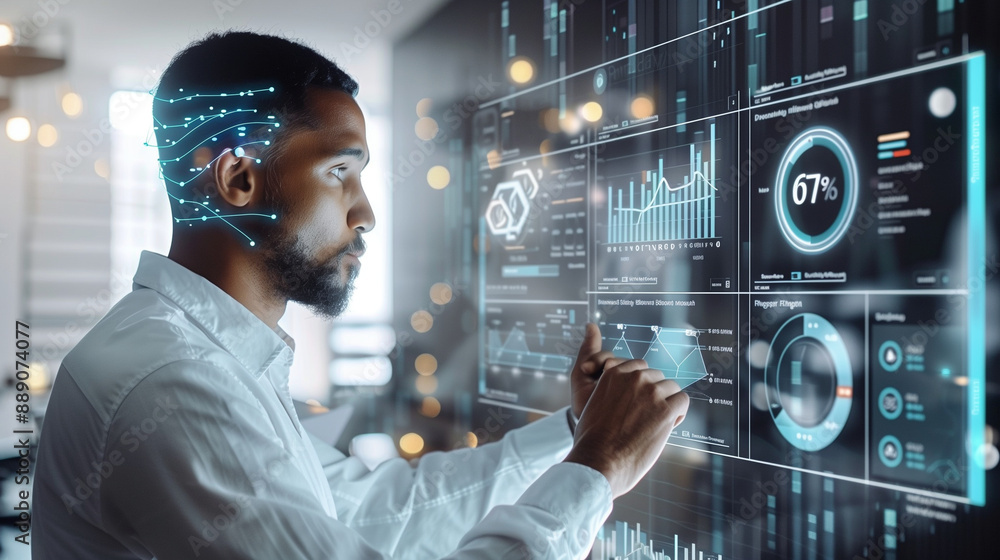 Poster a businessman using ai-powered project management software, showing a dashboard with timelines, prog