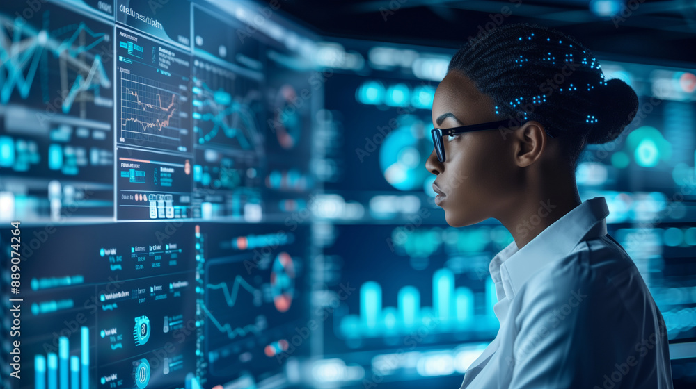 Aufkleber a business professional analyzing data on a screen with ai-powered predictive analytics tools, featu
