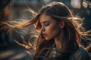 Fototapeta premium A beautiful, young woman with a thoughtful look. The hair develops in the wind and gives a feeling of lightness and naturalness.