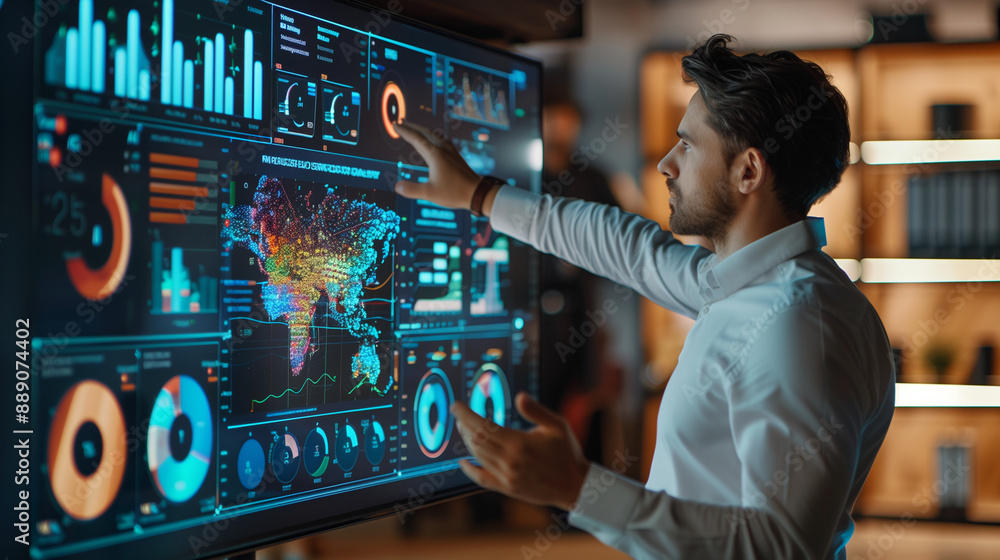 Aufkleber a businessman presenting ai-generated data visualizations on a large screen, showcasing insights and