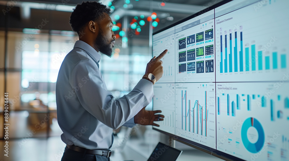 Aufkleber a businessman presenting ai-generated data visualizations on a large screen, showcasing insights and