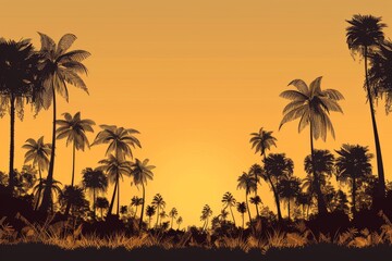 Obraz premium Majestic tropical sunset with silhouettes of palm trees against a vibrant orange sky evoking serenity and beauty