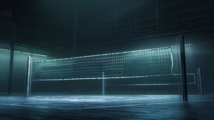 In a dimly lit indoor volleyball court, a detailed net stretches across, anchored by sturdy posts, bathed in subtle backlight against a deeper dark background, creating an atmospheric scene with low l