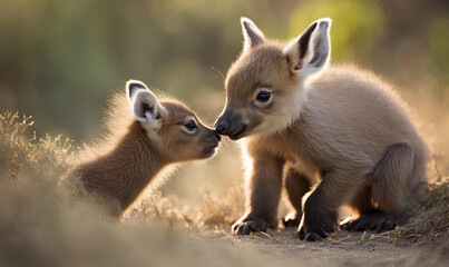 Obraz premium Adorable Wildlife Moment: Playful baby animals in their natural habitat, soft focus, heartwarming, documentary style, nature photography, timeless appeal.