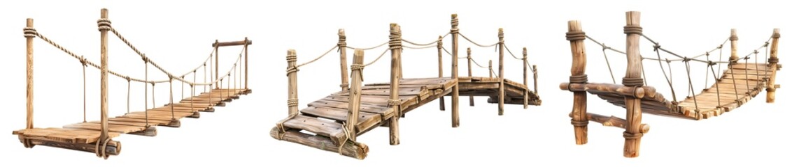Obraz premium Set collection of arch rustic wooden wood suspended rope suspension bridge footbridge boardwalk side view on transparent cutout PNG file. Many different style. Mockup template for design