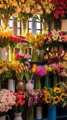 Flower market beautiful fresh flowers in vases