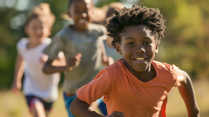 Fototapeta premium A child joyfully running with two other children chasing and playing behind.