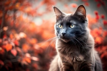 a grey graceful cat in a floral red background