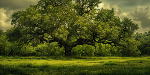Fototapeta premium The Sturdy Oak Tree of Unity: A strong oak tree stands tall and proud, its branches swaying gently in the breeze, surrounded by lush green grass.