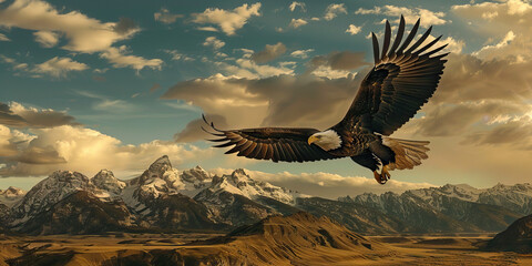 The Eagle Soars Over Liberty: A majestic bald eagle takes flight, soaring high above the American landscape of rolling hills and towering mountains.