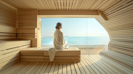 Fototapeta na wymiar serene woman in a wooden sauna with a view of the sea, capturing the essence of relaxation and wellness. Perfect for wellness, travel, and lifestyle themes. Wellness, travel, lifestyle