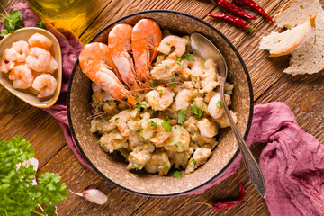Traditional Portuguese bread soup with shrimp.. AÇORDA ALENTEJANA.