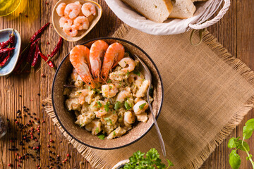 Traditional Portuguese bread soup with shrimp.. AÇORDA ALENTEJANA.