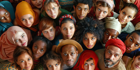 The Melting Pot of Cultures: A diverse group of people from various ethnic backgrounds stand together, arms around each other, united in their shared American experience.