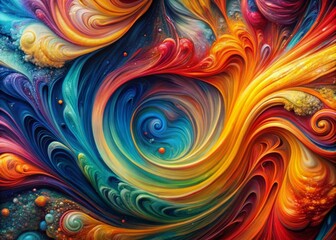 Vibrant abstract artwork features thick, textured layers of paint in bold colors, swirled together to create a dynamic, mesmerizing visual experience with intricate details.