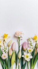Fototapeta premium Spring flowers fresh bouquet with carnation in minimal style on light background top view spring flat lay