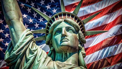 Patriotic image featuring iconic lady liberty's copper head superimposed on a vibrant stars and stripes background, symbolizing freedom and American national pride.