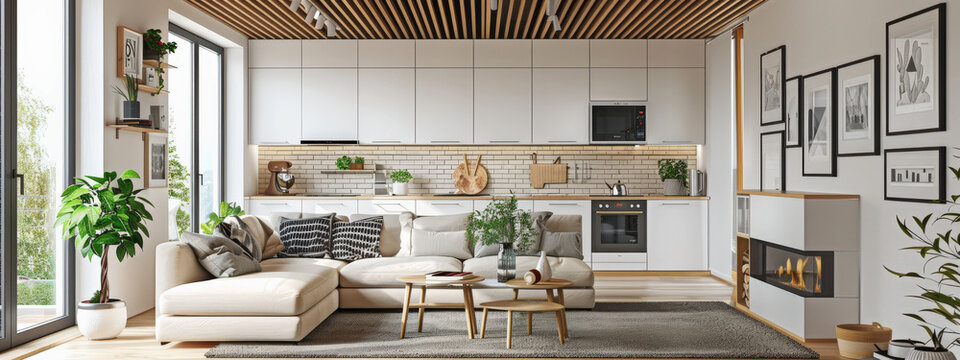 acogedora villa moderna con salon y cocina abierta, chimenea y sofa rinconera en tonos beiges, blancos y madera en techo clara, grandes ventanales que dan a un jardin