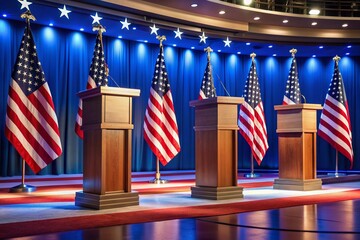 A serene and dignified presidential debate stage setup with multiple podiums adorned with American flags, awaiting the arrival of esteemed candidates.