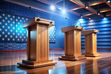 Empty wooden podiums with sleek debate microphones await candidates in a modern, brightly lit studio, evoking anticipation for intense political discussions before election day.