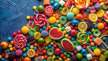 Fototapeta premium Vibrant top view of assorted colourful sweets, gummies, and candies arranged on a dark blue background, forming a visually appealing multicolour sweet food banner.
