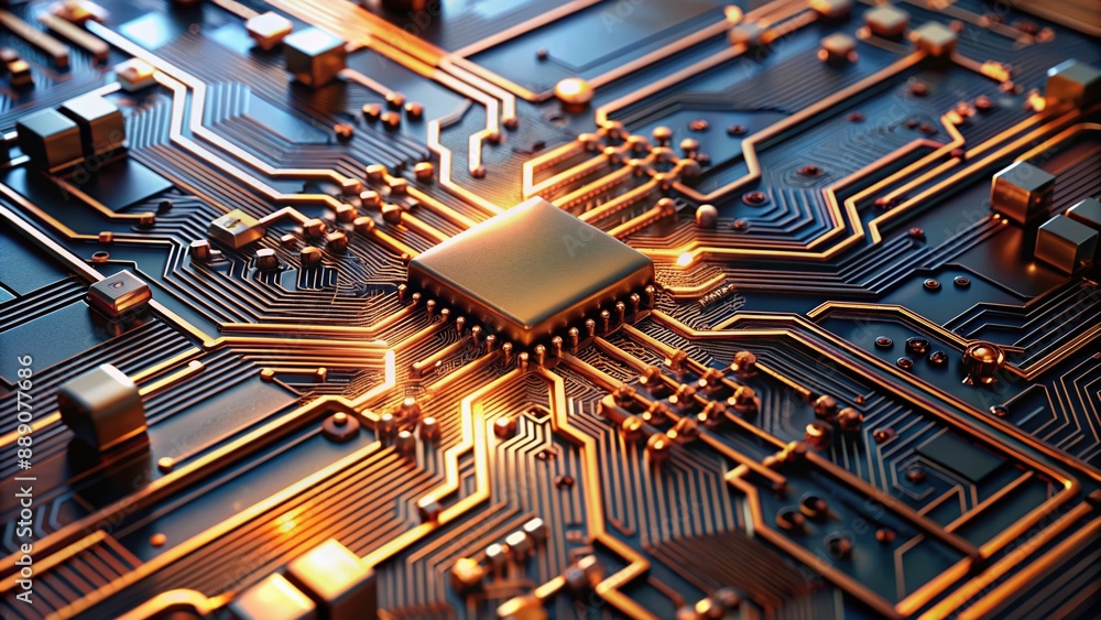 Poster intricate copper pathways and microchips on a sophisticated circuit board reveal the complexity of m