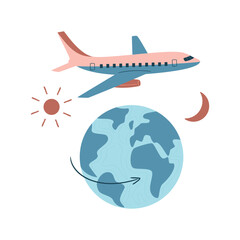Jet lag concept, abstract metaphor. Globe and plane flying over it. Time zones crossing. Sleep disorder. Time zones change due to international flight. Day and night. Isolated vector illustration