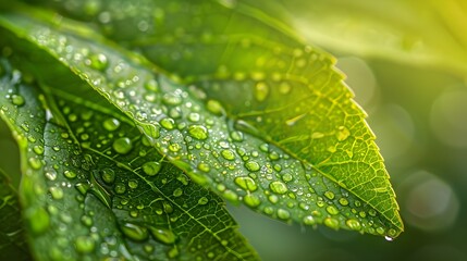 Intricate Leaf Pattern with Glistening Dewdrops in Morning Sunlight