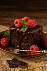 Chocolate cake with icing served on a plate. Decorated with fruit and mint.