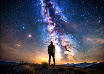 Fototapeta premium Man Standing Under night sky and stars shine in backgrounds.