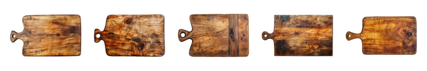 Collection of wooden cutting board or chopping board isolated on a transparent background, top view, cut out, PNG